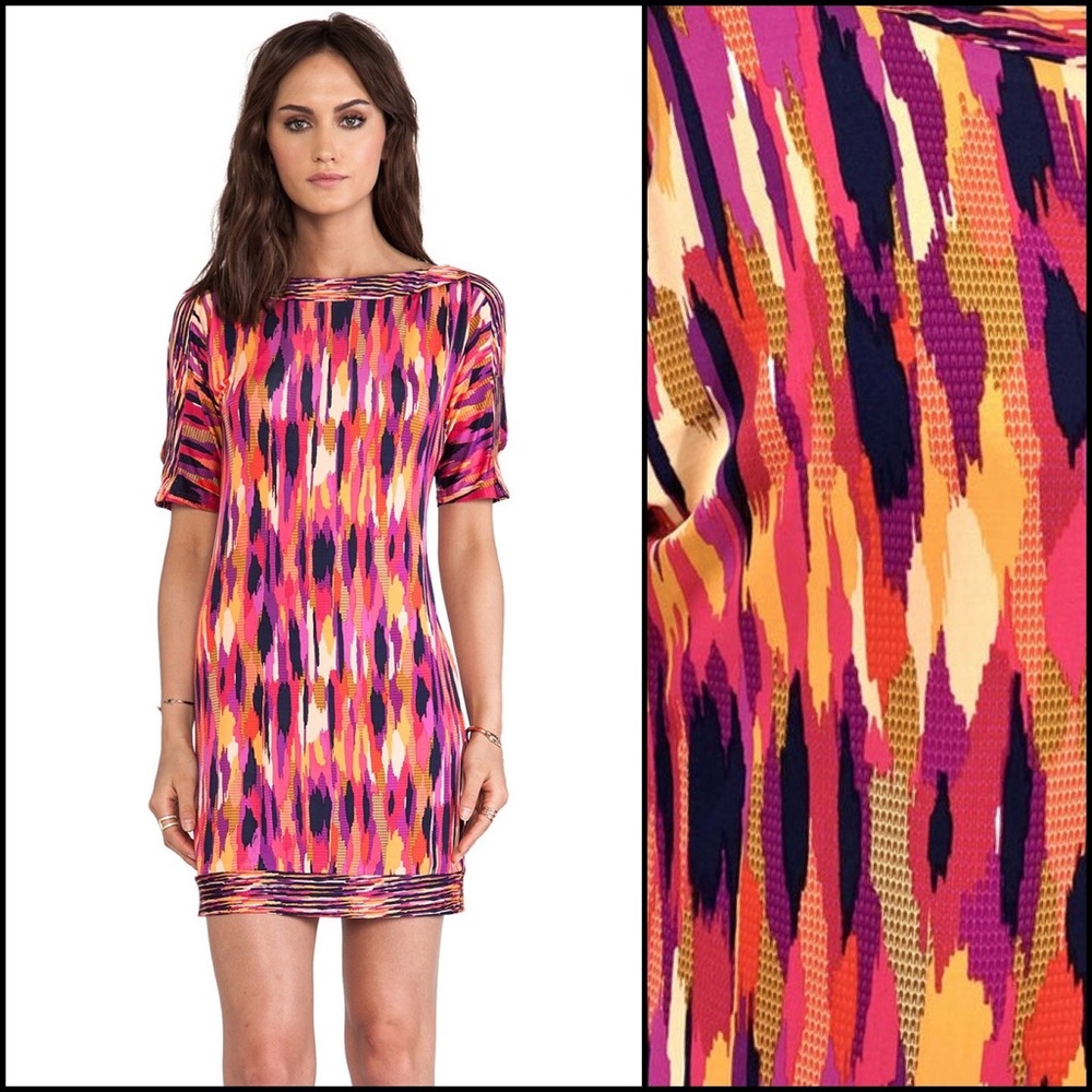 Trina Turk Colorful High Boatneck Cold Shoulder Dress